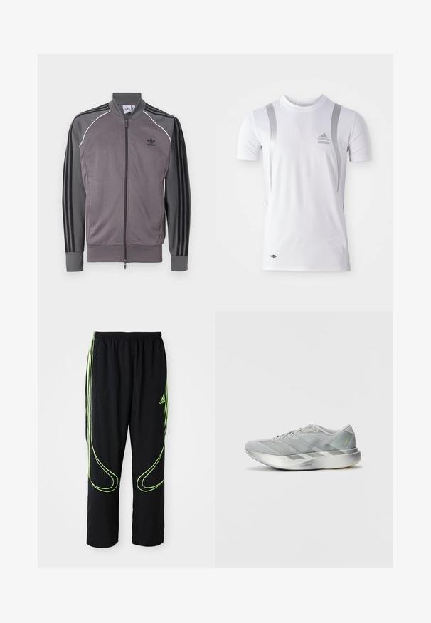 Grå atletisk jakke med lynlås foran, sort tre-stribet design på ærmerne, ribbede manchetter og krave. Har hvid piping langs sømmene.; Hvid kortærmet træningsskjorte med sølvdetaljer, med rund hals og et Adidas-logo på brystet. Lavet af fugttransporterende materiale.; Sorte Adidas sportbukser med neongrønne buede linjer og tre striber på siderne, elastisk livrem og Adidas-logo på forsiden af låret.; Letvægts grå atletiksko med et slankt design, der har en tekstureret overflade, tre diagonale striber og en reflekterende sølvsål.