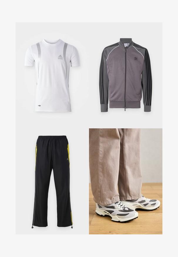 Grå atletisk jakke med lynlås foran, sort tre-stribet design på ærmerne, ribbede manchetter og krave. Har hvid piping langs sømmene.; Hvid kortærmet træningsskjorte med sølvdetaljer, med rund hals og et Adidas-logo på brystet. Lavet af fugttransporterende materiale.; Sorte træningsbukser med gule sideaccenter, elastisk talje og lynlåslommer på siden. Fremstillet af let og glat stof.; En person iført beige bredbukser og grå-hvide sportsko står på et trægulv.
