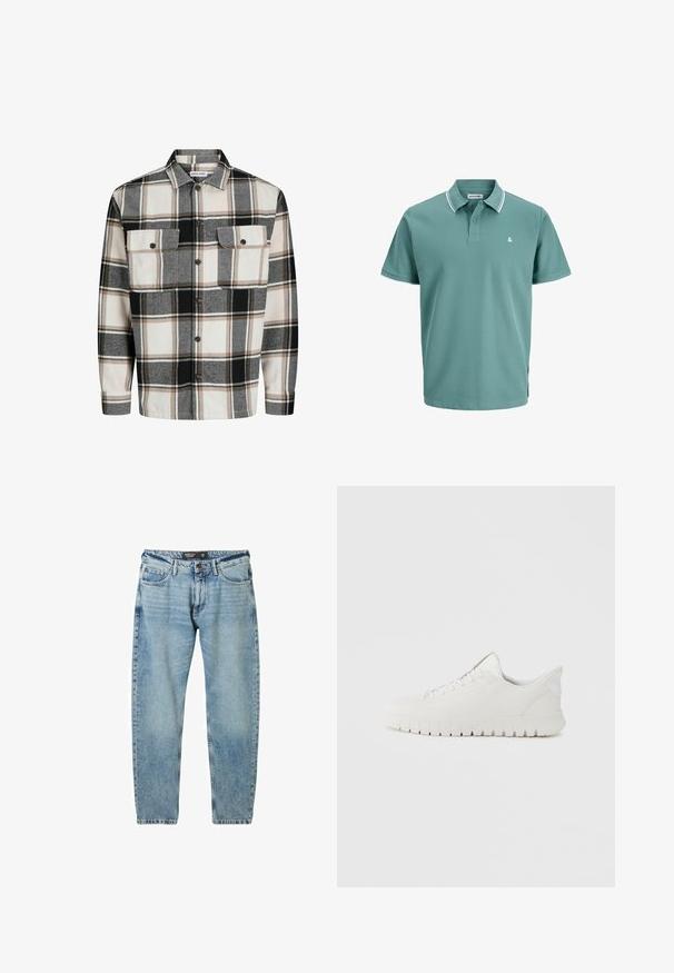 Geruite blouse in grijs, zwart en beige flanel. Heeft een spread collar, voorste knoopsluiting en twee borstzakken met kleppen.; Groen gestructureerd poloshirt met korte mouwen, een kraag en boorden met witte strepen, een knoopsluiting met twee knopen en een klein wit logo op de linkerborst.; Lichtblauwe denim jeans met een losse pasvorm, vijfzakkenontwerp en contrasterende stiksels. Bevat een knoopsluiting en een rechte pijp.; Witte leren sneakers met een afgeronde neus, een minimalistisch ontwerp en een getextureerde rubberen zool met verticale groeven. Vetersluiting.
