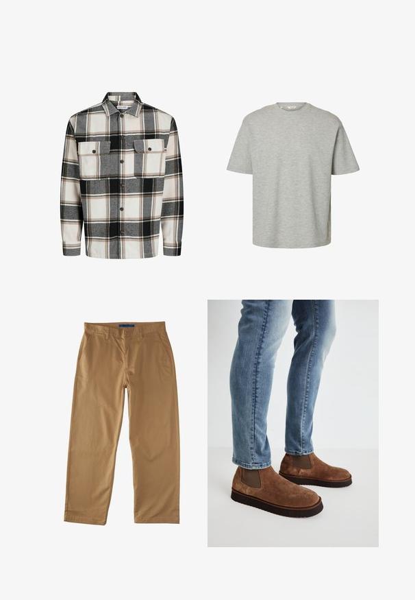 Geruite blouse in grijs, zwart en beige flanel. Heeft een spread collar, voorste knoopsluiting en twee borstzakken met kleppen.; Lichtgrijs T-shirt met korte mouwen en ronde hals, losse pasvorm en zachte katoenen stof.; Beige katoenen chinos met een recht model, met twee frontzakken, een achterzak en een knoopsluiting. Glad textuur.; Bruine suède enkellaarsjes met elastische zijpanelen, dikke zwarte rubberen zolen, gedragen met lichtblauwe slim-fit jeans.