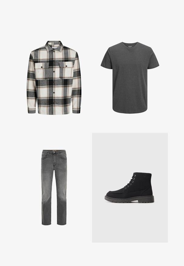 Rutig skjorte i grå, sort og beige flannel. Har en spredt krave, frontlukning med knapper og to brystlommer med klapper.; Grå kortærmet t-shirt lavet af bomuldsblanding. Har V-hals og en glat tekstur. Enkel, minimalistisk design uden mønstre.; Straight-leg herre jeans i falmet sort denim med knap- og lynlåslukning, for- og baglommer samt bælteløkker.; Sorte ankelstøvler lavet af ruskind og syntetisk materiale. Rundet tå, seks snørehuller med metal-snøre, tyk gummisål og minimal tekstdetalje.