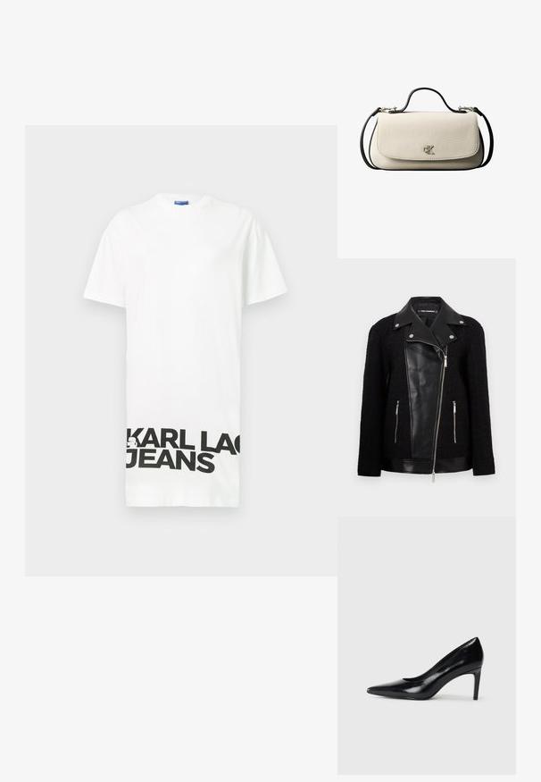 Schwarze Jacke mit einem Leder-Frontpanel und Kragen, Ärmeln aus strukturiertem gewebtem Stoff, Reißverschlusstaschen und metallischen Akzenten.; Weißes Kurzarm-T-Shirt aus Baumwolle mit fettem schwarzen Text "KARL LAGERFELD JEANS" am unteren Rand. Rundhalsausschnitt, lockere Passform.; Schwarzer Lederhochschuh mit spitzem Zehenbereich, glatter Textur und schmalem Absatz. Minimalistisches Design, keine zusätzlichen Verzierungen.; Cremefarbene, rechteckige Handtasche mit schwarzem Riemen und Griff, vordere Klappe als Verschluss und kleinem silbernem "cK"-Logo in der Mitte vorne.