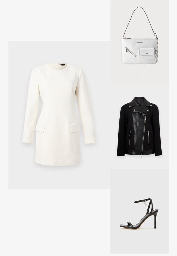 Chaqueta negra con panel frontal y cuello de cuero, mangas de tela tejida texturizada, bolsillos con cremallera y acentos metálicos.; Vestido blanco de manga larga con escote redondo, silueta ajustada, dos bolsillos frontales y un sutil logo grabado cerca del cuello. Textura de tela suave.; Sandalia de tacón alto negra con una estrecha correa en el tobillo, punta cuadrada, material de cuero liso y detalle de hebilla metálica.; Bolso de mano de cuero blanco con correa negra desmontable, bolsillo frontal con cremallera y pequeño bolsillo con cierre plateado y detalle de cadena.