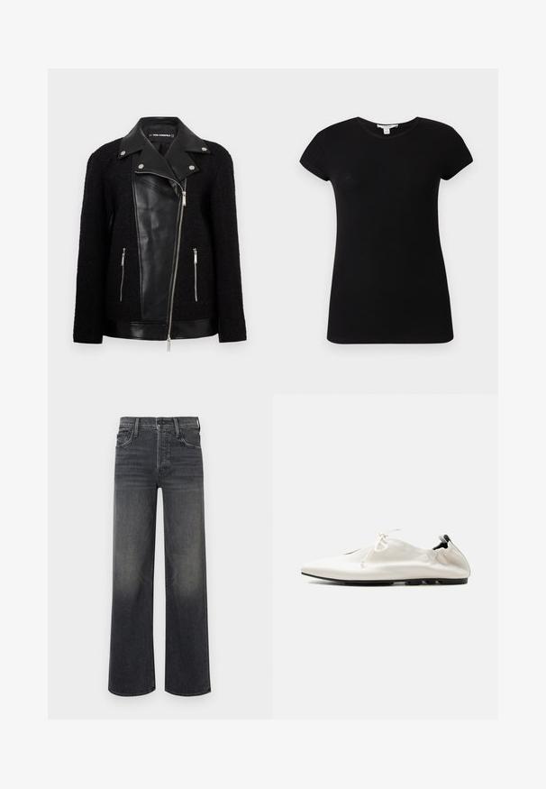 Veste noire avec un panneau avant en cuir et un col, des manches en tissu tissé texturé, des poches zippées et des accents métalliques.; T-shirt noir à manches courtes, côtelé, ajusté, avec col rond, présenté à plat sur un fond clair.; Jeans à jambes larges en denim gris foncé, avec un effet dégradé subtil. Design classique à cinq poches avec passants de ceinture et coutures visibles.; Chaussure blanche minimaliste en cuir à enfiler avec talon rentré, fermeture à lacets et semelle fine noire sur fond uni.