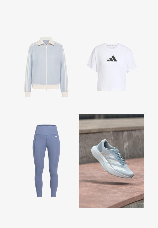 Veste de survêtement bleu clair zippée avec col, poignets, ceinture blancs et trois bandes blanches descendant sur chaque manche.; T-shirt blanche cropped en coton avec un logo noir à trois bandes sur le devant, présentant des manches courtes et un col rond.; Leggings extensibles taille haute en tissu doux bleu, avec une poche latérale et des détails de couture subtils. Présente un petit logo à la taille.; Chaussure de course gris clair avec des rayures blanches et une semelle épaisse flottant au-dessus d'une surface en béton rose avec un mur en pierre en arrière-plan.