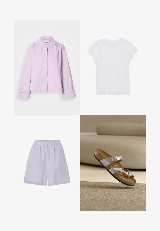Licht lavendelkleurig jack met een kraag, knoopsluiting aan de voorkant en lange mouwen. Gemaakt van een gladde stof met een subtiele textuur en manchetdetails.; Witte t-shirt met korte mouwen, ronde hals, relaxte pasvorm, gemaakt van zacht katoen. Glad textuur, geen patronen of logo's.; Licht paarse shorts van zacht materiaal met een elastische tailleband en een relaxte pasvorm, met een eenvoudige, onversierde uitstraling.; Open-toe sandaal met twee verstelbare bandjes en gespen, kurken voetbed en zwarte zool die rust op een beige tapijt en bank achtergrond.