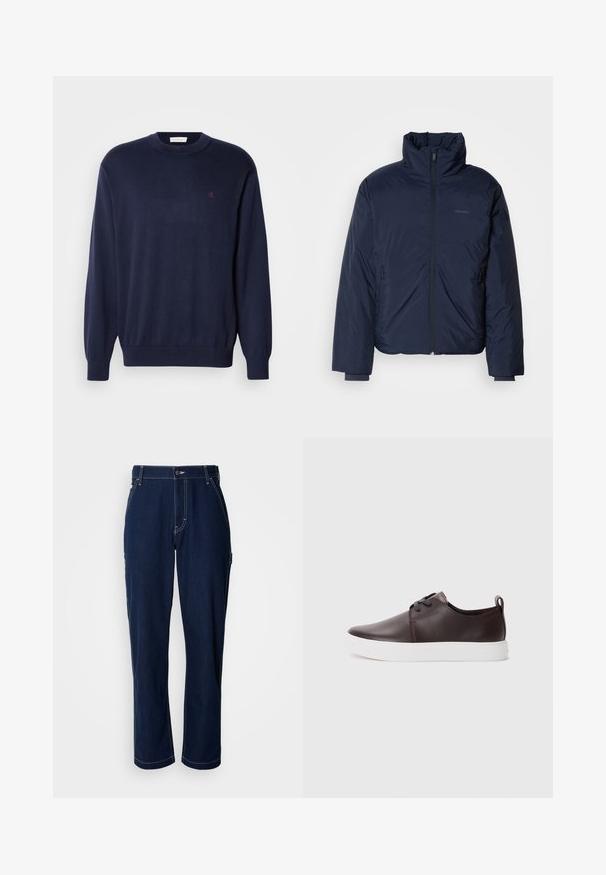 Ναυτικό φωσφορούχο μπουφάν με ψηλό κολάρο και πλήρη φερμουάρ μπροστά. Διαθέτει τσέπες με φερμουάρ στα πλάγια και ραμμένες μανσέτες για επιπλέον ζεστασιά.; Πουλόβερ σε ναυτικό μπλε χρώμα από μαλακό ύφασμα, με στρογγυλή λαιμόκοψη, ριμπ μανσέτες και τελείωμα. Μικρό κεντημένο λογότυπο στο στήθος. Κλασική εφαρμογή.; Σκούρο μπλε τζιν παντελόνι με ίσια εφαρμογή, ενισχυμένες ραφές και πλαϊνές τσέπες. Διαθέτει κλείσιμο με κουμπιά και ελαφρώς υφή.; Καφέ δερμάτινα αθλητικά παπούτσια με λεία επιφάνεια, λευκή ελαστική σόλα, στρογγυλή μύτη και σχέδιο με κορδόνια. Περιλαμβάνει ετικέτα στο πίσω μέρος.