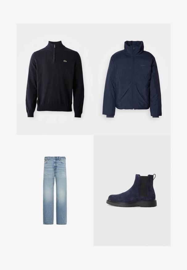 Navyblauer, gesteppter Puffer-Jacke mit hohem Kragen und durchgehendem Reißverschluss. Verfügt über Reißverschlusstaschen an den Seiten und gerippte Bündchen für zusätzliche Wärme.; Dunkelblauer Pullover mit einem Viertelreißverschluss-Kragen, Rippbündchen und -saum, aus weichem Material hergestellt, mit einem kleinen grünen Krokodil-Logo auf der Brust.; Hellblaue Jeans mit geradem Bein, dezent ausgewaschen und kleinen distressed Stellen nahe dem unteren Saum an beiden Beinen.; Marineblauer Wildleder Chelsea-Stiefel mit elastischen Seitenteilen und einer Zuglasche. Schwarze Gummisohle mit strukturierter Oberfläche für Grip und Langlebigkeit.