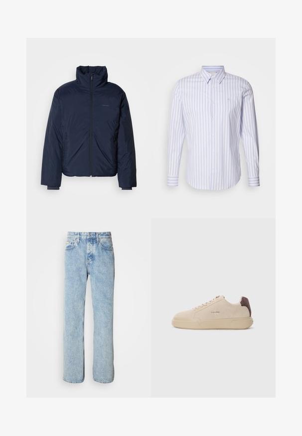 Námornícky prešívaný puff jacket s vysokým golierom a plným predným zipsom. Obsahuje zipsové bočné vrecká a rebrované manžety pre extra teplo.; Calvin Klein SLIM FIT - Košeľa - inkwell; Svetlomodré riflové nohavice s rovným strihom, dizajnom s piatimi vreckami a viditeľným šitím. Klasický pás so zapínaním na gombík.; Bežové semišové tenisky s okrúhlou špičkou, šnúrkovým uzatváraním vpredu a hnedým semišovým akcentom na podpätku. Obsahujú štruktúrovanú gumovú podrážku.