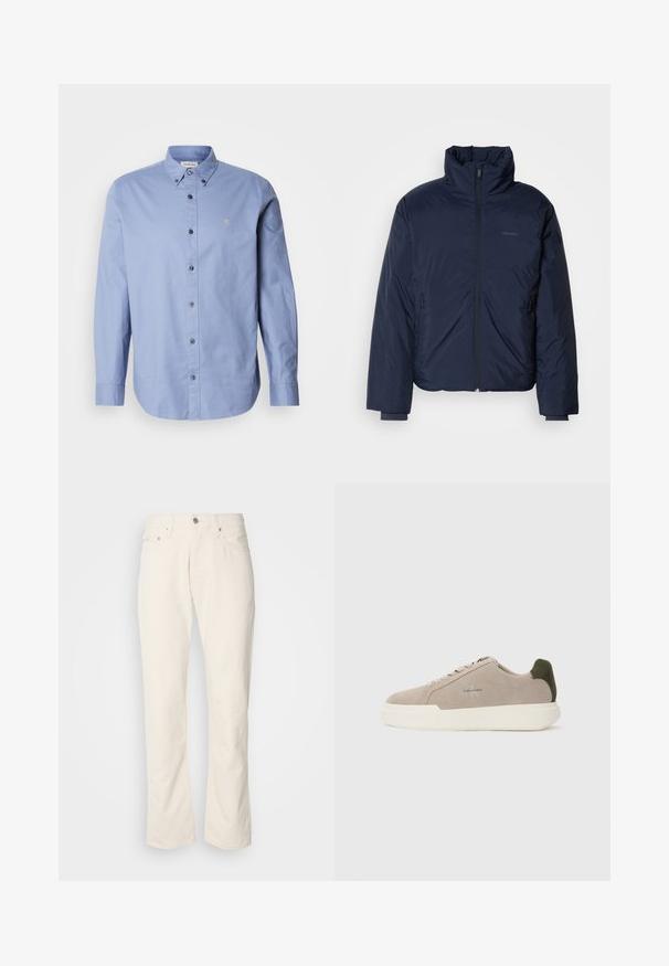 Námornícky prešívaný puff jacket s vysokým golierom a plným predným zipsom. Obsahuje zipsové bočné vrecká a rebrované manžety pre extra teplo.; Svetlomodrá košeľa na gombíky s dlhými rukávmi, vyrobená z hladkej tkaniny. Má klasický golier, čierne gombíky a malé logo na hrudi.; Béžové bavlnené džínsy s klasickým strihom rovného nohu, so zapínaním na prednom tlačidle, piatimi vreckami a jemnými detailmi v šití.; Béžové semišové tenisky s bielou gumovou podrážkou, zdobené tmavozeleným akcentom na päte a jemným brandingom na boku.