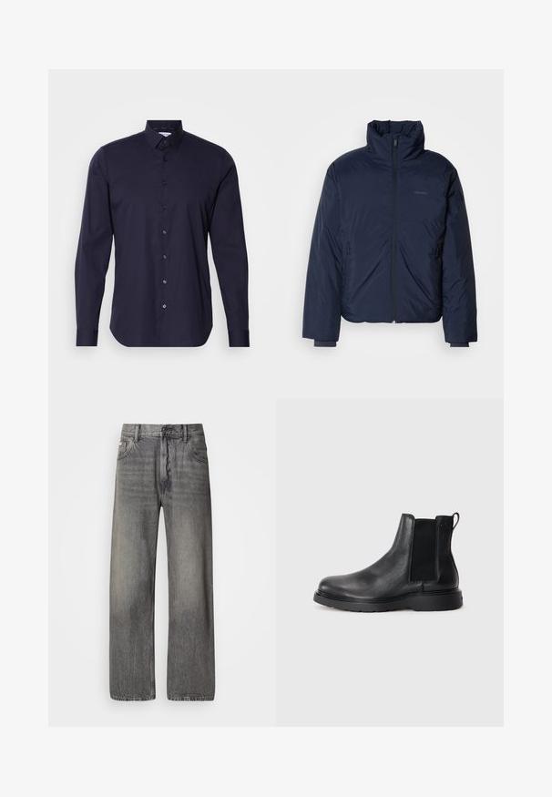 Marineblauwe gewatteerde pufferjas met hoge kraag en volledige ritssluiting. Heeft ritssluitingen aan de zijkanten en ribgebreide manchetten voor extra warmte.; Marineblauwe overhemd met lange mouwen, klassieke kraag en een slanke pasvorm. Gemaakt van een gladde stof met een subtiele logo op de borst.; Wijde jeans in donkergrijze denim met een vervaagde finish. Voorzien van een klassieke vijfzakkenontwerp en riemlussen.; Zwarte leren Chelsea boots met een gestructureerde afwerking, elastische zijpanelen en een stevige rubberen zool. Subtiele branding op de hiel.