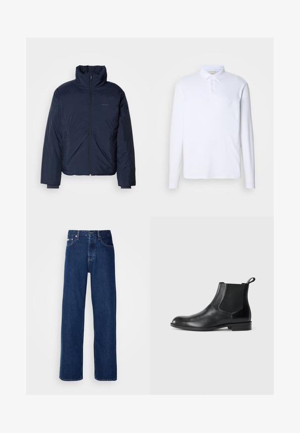 Marineblå quiltet pufferjakke med høj krave og fuld frontlynlås. Har lynlåslommer i siderne og ribbede manchetter for ekstra varme.; Langærmet hvid polo-shirt lavet af blødt stof, med en klassisk krave, tre knaplukninger og et diskret logo på brystet.; Mørkeblå denimjeans med et bredt ben-design, der har en knaplukning og klassisk fem-lomme styling. Stoffet har en glat tekstur.; Sorte læder ankelstøvler med elastiske sidepaneler, rund tå og en trækloft. Glat tekstur, flad sål, minimalistisk design.