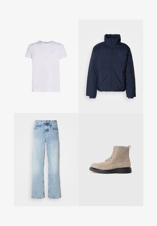 Námornícky prešívaný puff jacket s vysokým golierom a plným predným zipsom. Obsahuje zipsové bočné vrecká a rebrované manžety pre extra teplo.; Biela bavlnená tričko s krátkymi rukávmi, okrúhlym výstrihom a malou nášivkou na ľavej hrudi, s hladkou textúrou a jednoduchým dizajnom.; Svetlomodré široké rifle s vysokým pásom, s jemne vyblednutým povrchom, pútkom na opasok a klasickým dizajnom s piatimi vreckami. Lem je surový.; Béžové semišové členkové topánky s čiernou gumovou podrážkou, zaviazaním, malým embosovaným logom na boku a so stahovacím pásikom na zadnej strane.