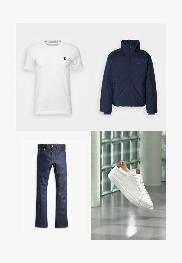 Navyblauer, gesteppter Puffer-Jacke mit hohem Kragen und durchgehendem Reißverschluss. Verfügt über Reißverschlusstaschen an den Seiten und gerippte Bündchen für zusätzliche Wärme.; Weißes T-Shirt mit kurzen Ärmeln und Rundhalsausschnitt mit kleinem schwarzem "CK"-Logo auf der linken Brust, Marke Calvin Klein Jeans, Größe Medium.; Dunkelblaue Denim-Jeans mit geradem Bein, orangefarbener Naht, vorderem Knopf und Fünf-Taschen-Design auf weißem Hintergrund.; Weißer Ledersneaker mit braunen Akzenten und weißen Schnürsenkeln, der über einem glänzenden Betonboden mit Glasbausteinfenstern im Hintergrund schwebt.