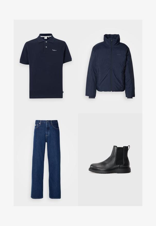 Chaquetón acolchado azul marino con cuello alto y cremallera frontal completa. Incluye bolsillos laterales con cremallera y puños acanalados para mayor calidez.; Polo de color navy hecho de algodón, con un cuello clásico, mangas cortas, tapeta de dos botones y un pequeño logo bordado en el pecho.; Vaqueros de mezclilla azul oscuro con un diseño de pierna ancha, que presentan un cierre de botón y el clásico estilo de cinco bolsillos. La tela tiene una textura suave.; Botas Chelsea de cuero negro con acabado texturizado, paneles laterales elásticos y una suela de goma resistente. Marca sutil en el talón.