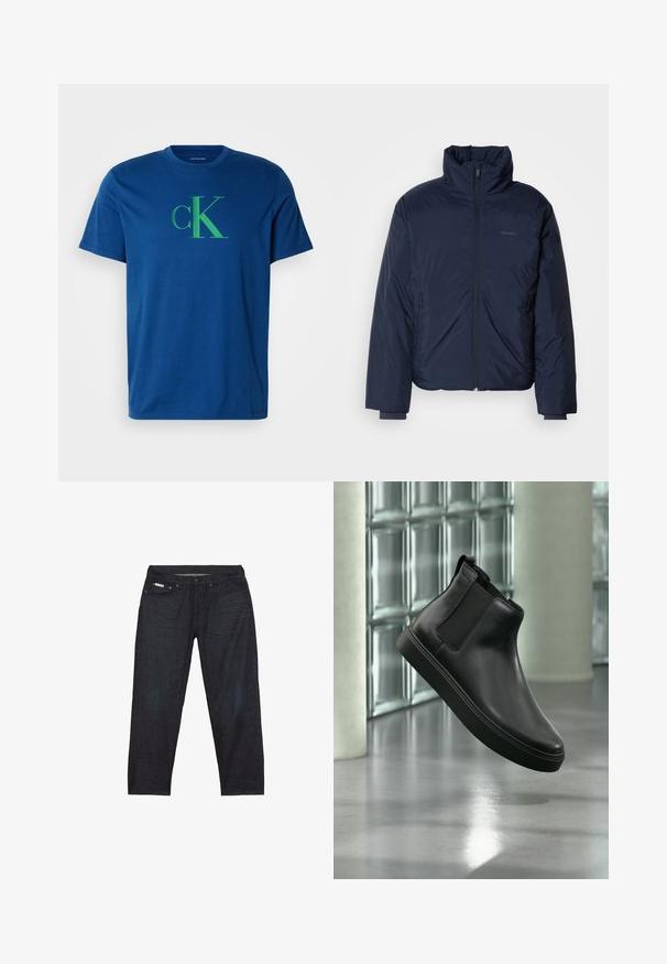 Chaquetón acolchado azul marino con cuello alto y cremallera frontal completa. Incluye bolsillos laterales con cremallera y puños acanalados para mayor calidez.; Camiseta de algodón azul con un logo verde de "cK". Cuello redondo, mangas cortas, corte regular con textura suave y sin patrones visibles.; Pantalones vaqueros de mezclilla azul oscuro con corte recto, que cuentan con cinco bolsillos y detalles de costuras mínimas para un aspecto limpio.; Botín negro de cuero con paneles laterales elásticos flotando sobre un suelo de hormigón pulido y bloques de vidrio al fondo.