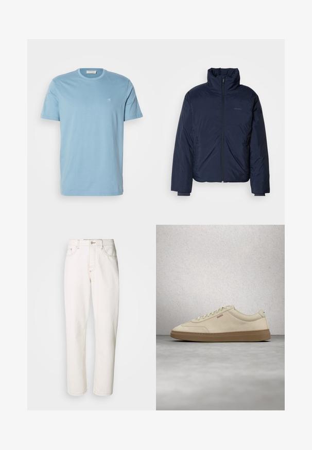 Námornícky prešívaný puff jacket s vysokým golierom a plným predným zipsom. Obsahuje zipsové bočné vrecká a rebrované manžety pre extra teplo.; Svetlomodré bavlnené tričko s okrúhlym výstrihom, krátkymi rukávmi a malým bielym logom na hrudi. Hladká textúra, jednoduchý dizajn.; Biele deninové džínsy s rovnými nohavicami, s prešitými švami, kovovým gombíkom na zapínanie a klasickou piatimi vreckami konštrukciou.; Svetlo béžová semišová teniska s podrážkou z gumovej gumy, výraznými šnúrkami a jemnými detailmi šitia. Čistý dizajn s minimalistickou estetikou.