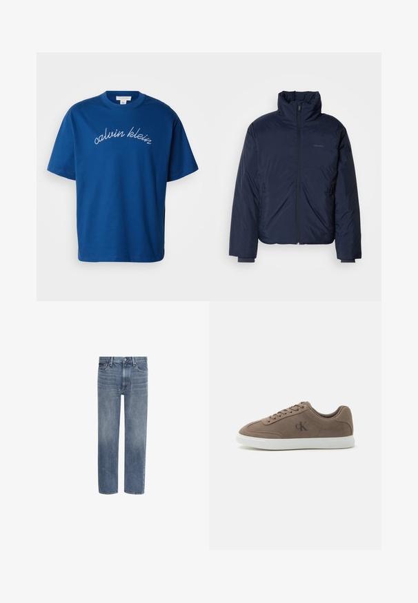 Chaquetón acolchado azul marino con cuello alto y cremallera frontal completa. Incluye bolsillos laterales con cremallera y puños acanalados para mayor calidez.; Camiseta de algodón azul con cuello redondo y mangas cortas, con "calvin klein" elegantemente bordado en cursiva blanca a través del pecho.; Vaqueros de denim azul con pierna recta, bolsillos delanteros, trabillas para cinturón y cierre de botón.; Zapatilla baja de ante color topo con cordones beige, suela de goma blanca y sutil logotipo "cK" en el lateral.
