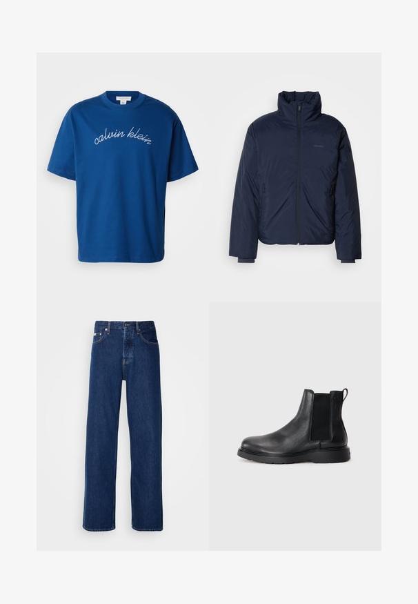 Marineblauwe gewatteerde pufferjas met hoge kraag en volledige ritssluiting. Heeft ritssluitingen aan de zijkanten en ribgebreide manchetten voor extra warmte.; Blauwe katoenen t-shirt met een ronde hals en korte mouwen, met "calvin klein" elegant in witte cursieve letters geborduurd over de borst.; Donkerblauwe denim jeans met een wijdbeen ontwerp, voorzien van een knoopsluiting en klassieke vijf-pocket styling. De stof heeft een gladde textuur.; Zwarte leren Chelsea boots met een gestructureerde afwerking, elastische zijpanelen en een stevige rubberen zool. Subtiele branding op de hiel.