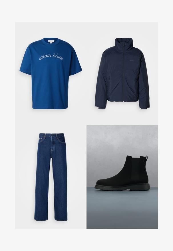 Námornícky prešívaný puff jacket s vysokým golierom a plným predným zipsom. Obsahuje zipsové bočné vrecká a rebrované manžety pre extra teplo.; Modrá bavlnená tričko s okrúhlym výstrihom a krátkymi rukávmi, s elegantne vyšívaným nápisom "calvin klein" v bielej kurzívou cez hruď.; Tmavomodré džínsy s širokým strihom, s gombíkovým zapínaním a klasickým piatym vreckovým dizajnom. Tkanina má hladkú textúru.; Čierne členkové topánky vyrobené z hladkého materiálu s jemným prešívaním, gumovou podrážkou a elegantným dizajnom, umiestnené na povrchu s drevenou textúrou.