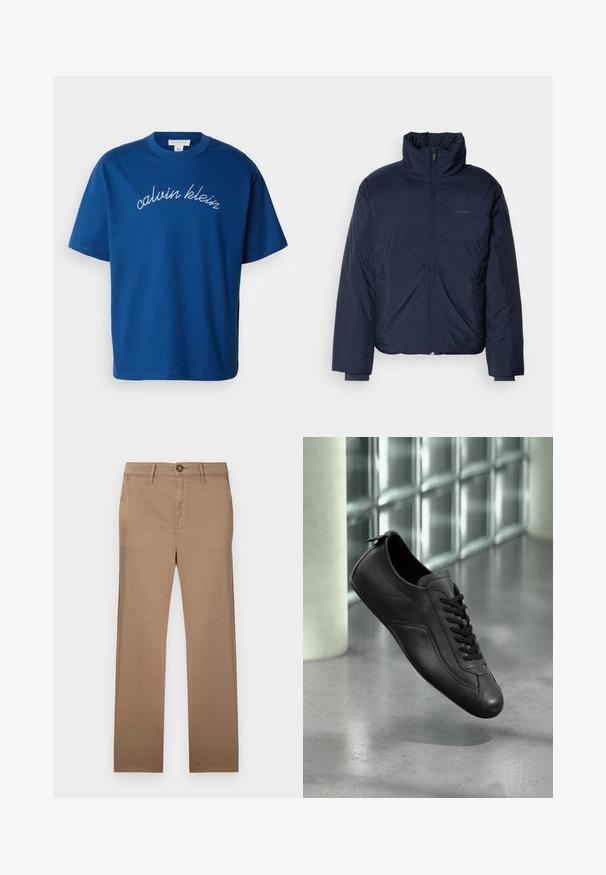 Navyblauer, gesteppter Puffer-Jacke mit hohem Kragen und durchgehendem Reißverschluss. Verfügt über Reißverschlusstaschen an den Seiten und gerippte Bündchen für zusätzliche Wärme.; Blauses Baumwoll-T-Shirt mit Rundhalsausschnitt und kurzen Ärmeln, auf dem "calvin klein" elegant in weißer Schreibschrift über die Brust gestickt ist.; Khaki-Chinos mit geradem Bein, aus weichem Baumwollstoff gefertigt, mit einem einzigen Knopfverschluss und Gürtelschlaufen.; Schwarzer Leder-Sneaker mit Schnürung, der über einem polierten Betonboden neben einer Glassteinwand in einem minimalistischen Setting schwebt.