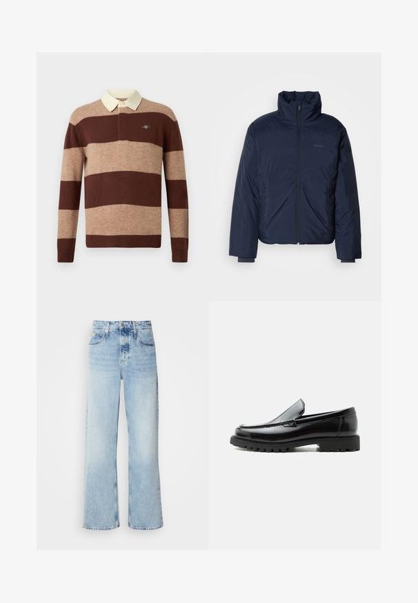 Navyblauer, gesteppter Puffer-Jacke mit hohem Kragen und durchgehendem Reißverschluss. Verfügt über Reißverschlusstaschen an den Seiten und gerippte Bündchen für zusätzliche Wärme.; Langärmliges Rugby-Shirt mit breiten horizontalen braunen und beige gestreiften Mustern sowie einem cremefarbenen Kragen, das ein kleines gesticktes Logo auf der Brust präsentiert.; Helle blaue weite Jeans mit hoher Taille, in verwaschenem Finish, mit Gürtelschlaufen und klassischem Fünf-Taschen-Design. Der Saum ist ungesäumt.; Schwarzer Lederloafer mit grober Gummisohle, genähter Oberseite und geprägtem Markennamen an der Ferse, seitlich auf weißem Hintergrund gezeigt.