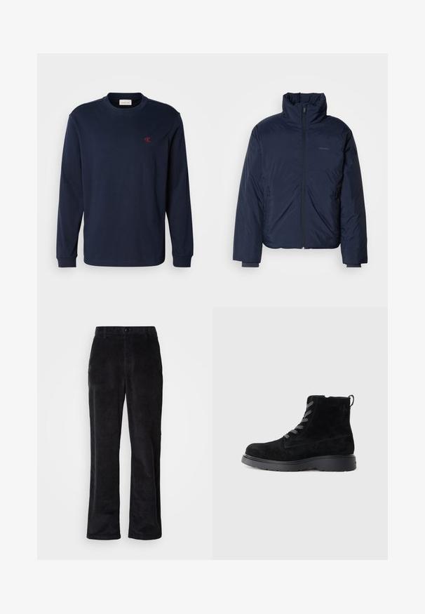 Marineblå quiltet pufferjakke med høj krave og fuld frontlynlås. Har lynlåslommer i siderne og ribbede manchetter for ekstra varme.; Mørkeblå langærmet crewneck-shirt med lille rød "cK" logo på venstre bryst og ribbede manchetter.; Fløjlsbukser i mørk sort med et lige ben-design, der har knaplukning, bæltestropper og sidelommer til funktionel brug.; Sorte suede ankelstøvler med en tekstureret overflade, rund tå, grå snørebånd og en robust sort sål. Har en lille løkke bagpå.