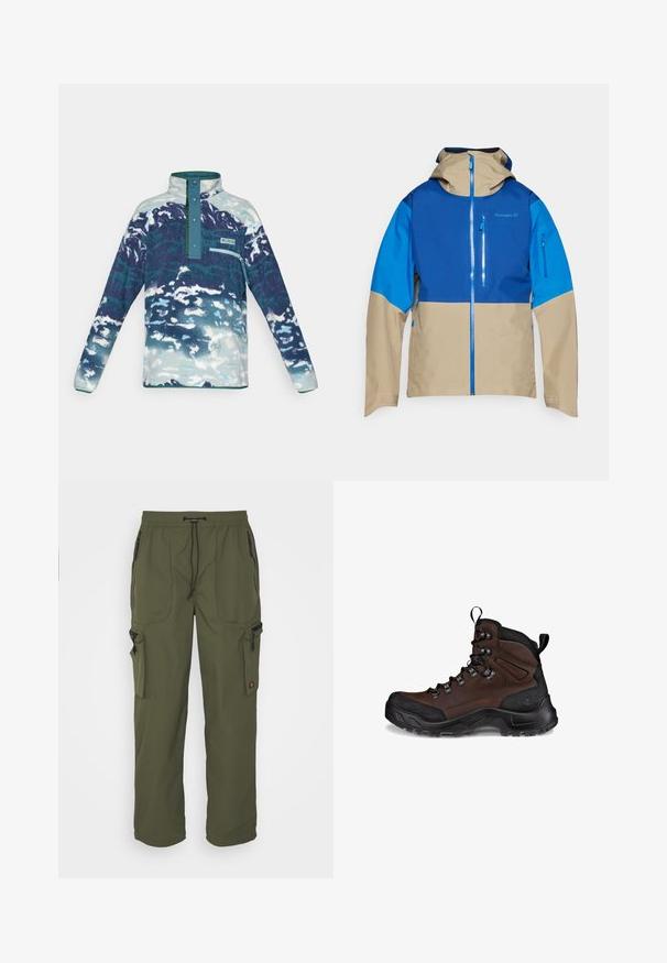 Farverig udendørs jakke med en blå overdel, beige underdel, frontlynlås og hætte. Inkluderer lynlåslommer foran.; Langærmet fleece-pullover med høj krave, trykknapper, brystlomme med lynlås og abstrakt mønster i blå-hvide nuancer.; Oliven grøn cargo bukser lavet af let materiale, med elastisk talje, snorelukning og flere lynlåslommer.; Brun vandresko med et struktureret læderoverdel, sort gummitåhætte, forstærkede snørrebukser og en robust sål til godt greb.