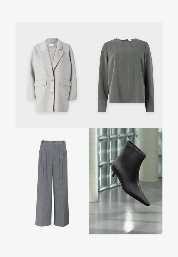 Blazer de lana gris, diseño estructurado, con solapa muesca, dos bolsillos frontales, dos botones de madera, textura suave, corte relajado, estilo minimalista.; Top de manga larga a rayas grises con cuello redondo y corte relajado. Las rayas verticales en gris claro contrastan con la textura más oscura de la tela.; Pantalones de pierna ancha gris, confeccionados en un tejido texturizado, con un cierre de doble botón y pliegues frontales que añaden un detalle de diseño adicional.; Bota de cuero negro para el tobillo con puntera puntiaguda y tacón pequeño, exhibida frente a una pared de bloques de vidrio y un suelo pulido.