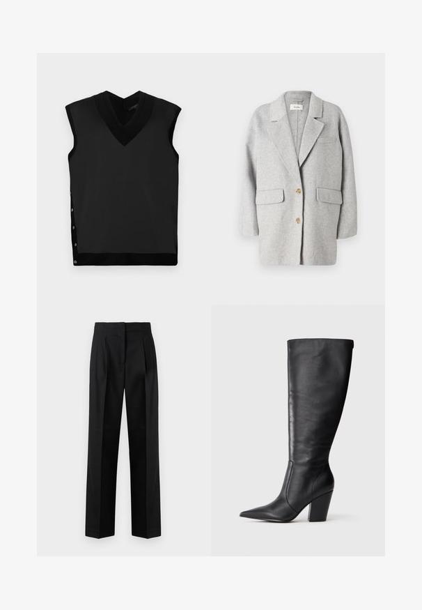 Grå uld blazer, struktureret design, notch revers, to frontlommer, to træknapper, blød tekstur, afslappet pasform, minimalistisk stil.; Sort ærmeløs top med V-hals, glat tekstur, kontrasterende ribbet halskant og trykknapdetalje på venstre side.; Sorte trousers lavet af vævet stof, med et skræddersyet design med plisseringer, lige ben og flad front. Holdbar og glat tekstur.; Sort læderknehøj støvle med spids tå og kraftig høj hæl, vist i venstre sideprofil på hvid baggrund.