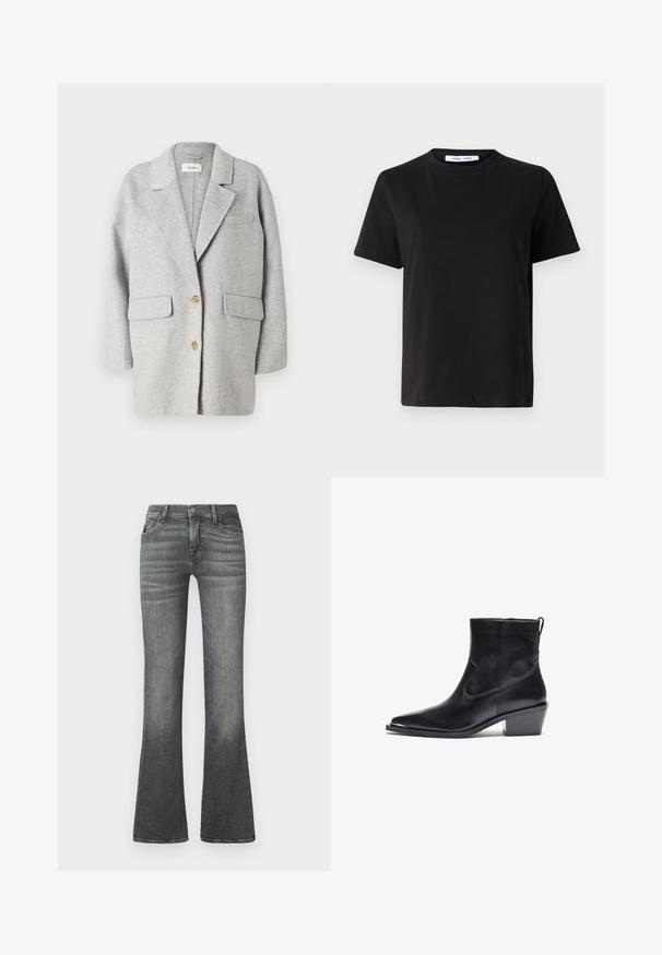 Grauer Wollblazer, strukturiertes Design, Reverskragen, zwei Fronttaschen, zwei Holzknöpfe, weiche Textur, lockere Passform, minimalistische Stil.; Schwarzes T-Shirt mit kurzen Ärmeln aus weicher Baumwolle, mit rundem Ausschnitt, lockerer Passform und glatter Textur. Keine sichtbaren Muster oder Grafiken.; Graue ausgestellte Jeans aus Denim mit einem mittelhohen Bund, subtiler Ausbleichung und klassischem Fünf-Taschen-Design.; Schwarzer Leder-Ankle-Boot mit spitzer Zehe und niedrigem Blockabsatz. Mit einem Seitenreißverschluss und minimalen Nähdetails für ein elegantes Design.