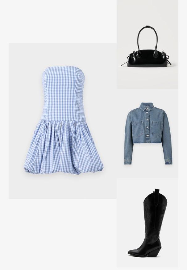 Chaqueta de mezclilla cortada en azul claro, con cuello puntiagudo, botones en la parte frontal y dos bolsillos en el pecho. Con dobladillo desgastado y mangas largas.; Vestido sin tirantes en patrón de cuadros azul y blanco, con un corsé ajustado y una falda acampanada y fruncida con un acabado texturizado.; Bota de vaquero de cuero negro con punta puntiaguda, tacón bloqueado inclinado, costuras decorativas y lengüetas en la parte superior sobre fondo blanco.; Pequeño bolso negro brillante con dos asas largas y detalles de cordón lateral sobre un fondo claro liso.