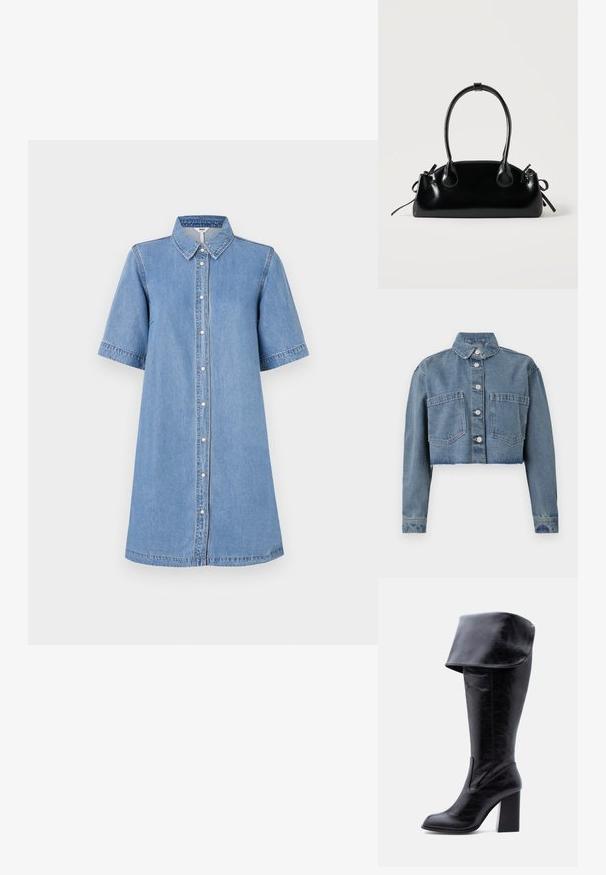 Korte spijkerjack in lichtblauw, met een puntige kraag, knopen aan de voorkant en twee borstzakken. Afgedragen zoom en lange mouwen.; Denim jurkje, lichtblauw, korte mouwen, kraag, knopen aan de voorkant, knie-lang, stikdetails op de mouwen, casual pasvorm.; Hoge zwarte leren laars met hak, een omgeslagen boord en een ronde neus, rechtopstaand tegen een witte achtergrond.; Kleine zwarte glanzende handtas met twee lange hengsels en zijkant trekkoord details op een effen lichte achtergrond.