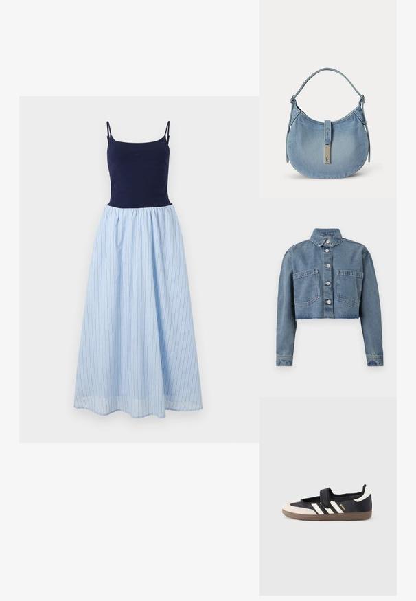 Abgeschnittene Jeansjacke in Hellblau mit spitzem Kragen, vorderem Knopfverschluss und zwei Brusttaschen. Ausgefaserter Saum und lange Ärmel.; Ärmelloses Kleid mit einem enganliegenden marineblauen Oberteil und einem fließenden hellblauen gestreiften Rock. Der Rock hat vertikale Streifen und einen gerafften Taillenbund.; Schwarzer und beiger Sneaker mit Klettverschluss, drei weißen Streifen an der Seite und einer strukturierten braunen Gummisohle. Markenlogo sichtbar.; Hellblaue Denim-Schultertasche mit geschwungener Form, einem einzelnen Riemen und silberner Schnalle mit kleinem Reiter-Logo vorne in der Mitte.
