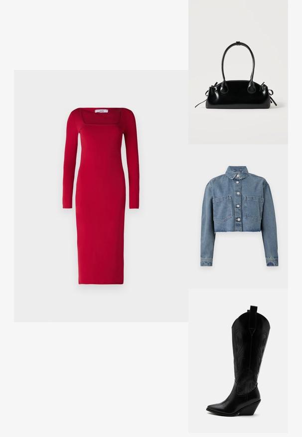 Veste en denim raccourcie de couleur bleu clair, avec un col pointu, des boutons à l'avant et deux poches sur la poitrine. Ourlet déchiré et manches longues.; Robe ajustée rouge à manches longues avec encolure carrée et jupe longueur cheville ; fabriquée en tissu lisse sans motifs ni embellissements visibles.; Botte de cowboy en cuir noir avec bout pointu, talon bloc incliné, couture décorative et languettes en haut sur fond blanc.; Petit sac à main noir brillant avec deux longues anses et des détails à cordon sur les côtés sur un fond clair uni.