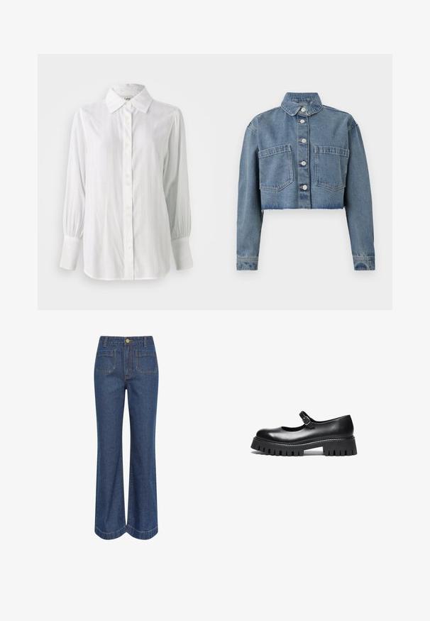 Chaqueta de mezclilla cortada en azul claro, con cuello puntiagudo, botones en la parte frontal y dos bolsillos en el pecho. Con dobladillo desgastado y mangas largas.; Camisa blanca de botones con rayas verticales, mangas largas abullonadas y cuello clásico. Presenta una fila de cinco botones en la parte delantera.; Long Tall Sally POCKET DETAIL WIDE LEG - Vaqueros rectos - indigo; Zapato negro de cuero estilo Mary Jane con punta redonda, correa en el tobillo y suela de goma gruesa con detalles estriados.