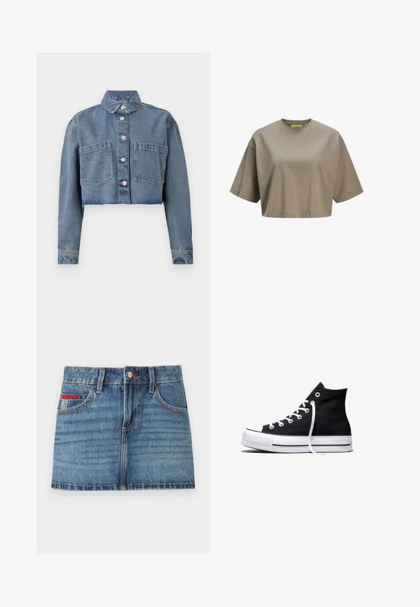 Abgeschnittene Jeansjacke in Hellblau mit spitzem Kragen, vorderem Knopfverschluss und zwei Brusttaschen. Ausgefaserter Saum und lange Ärmel.; Braunes, cropped T-Shirt aus weicher Baumwolle, mit Rundhalsausschnitt und kurzen Ärmeln. Glatte Textur mit dezenten Stichdetails.; Jeans-Minikleid in mittlerem Blau mit verblasster Textur, fünf Taschen und roten Nähakzenten. Verfügt über einen Knopfverschluss und Gürtelschlaufen.; Schwarzer High-Top-Canvas-Sneaker mit weißer Gummisohle und weißen Schnürsenkeln, seitlich dargestellt vor weißem Hintergrund.