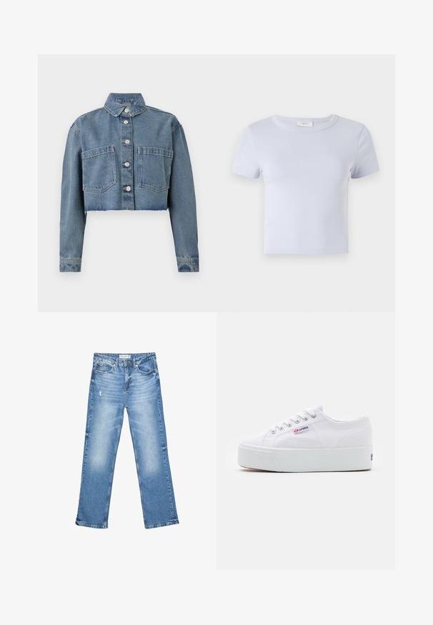 Abgeschnittene Jeansjacke in Hellblau mit spitzem Kragen, vorderem Knopfverschluss und zwei Brusttaschen. Ausgefaserter Saum und lange Ärmel.; Hellblaue Kurzarm-T-Shirt mit Rundhalsausschnitt, aus weichem Stoff; hat eine figurbetonte Passform und dezente Nähte.; Hellblaue Jeans aus Denim, mit geradem Bein, ausgewaschenen Stellen und subtilen Abnutzungen. Verfügt über fünf Taschen und einen klassischen Knopfverschluss.; Weiße Leinenschuhe mit einer dicken weißen Plattformsohle, runder Zehenpartie und Metallösen für die Schnürsenkel. Markenlogo an der Seite angebracht.