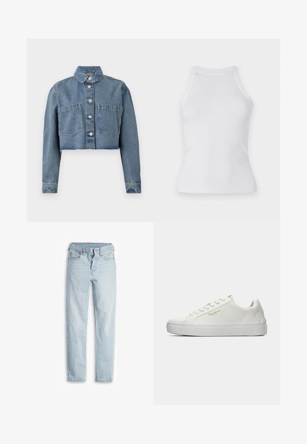 Korthvidt denimjakke i lyseblå, med spids krave, frontknapper og to brystlommer. Distressed kant og lange ærmer.; Hvid ribbet top med en tætsiddende design, rund halsudskæring og uden ærmer. Fremstillet af strækbart stof for komfort og bevægelsesfrihed.; Lyseblå denimjeans med høj talje, fem-lomme design, knaplukning og lige ben. Har subtilt slid og en tekstureret finish.; Hvide sneakers med en struktureret overdel, der har en gummisål, rund tå og flade snørebånd. Guld logo-detalje på ydersiden.