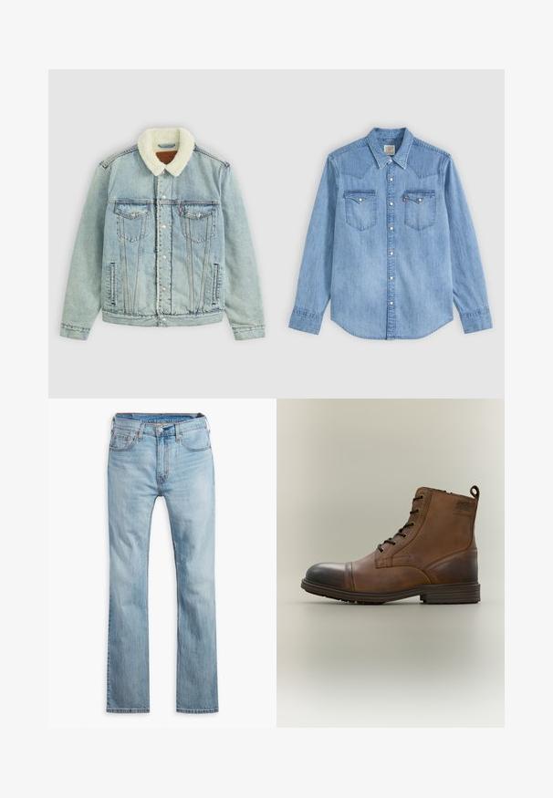Lichtblauwe denimjack met een fuzzy, witte kraag. Heeft borstzakken, drukknoopsluitingen en een ontspannen pasvorm met zichtbare stikdetails.; Lichtblauw denim overhemd met lange mouwen, puntkraag, twee borstzakken met kleppen en witte drukknoopjes aan de voorkant.; Lichtblauwe denim jeans, rechte pijpen, met vijf zakken, contrasterende stiksels en een knoopsluiting bij de tailleband.; Bruine leren enkellaars met veters, zwarte neuskap, ronde zool en merkdetail aan de zijkant tegen een effen achtergrond.