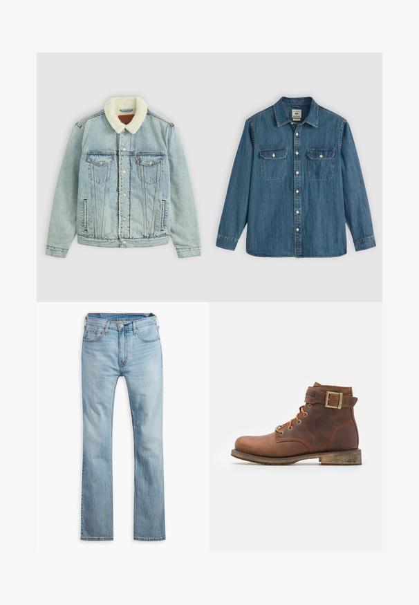 Hellblaues Denim-Jackett mit einem flauschigen, weißen Kragen. Verfügt über Brusttaschen, Druckknöpfe und einen relaxed Fit mit sichtbaren Nähdetails.; Blaues Denimhemd mit langen Ärmeln, durchgeknöpft, zwei Brusttaschen und einem Kragen. Verfügt über Ziernähte und eine lockere Passform.; Hellblaue Jeans aus Denim, mit geradem Bein, fünf Taschen, kontrastierenden Nähten und einem Knopfverschluss am Bund.; Harley Davidson VNTGMOTO SHORT RIDING APPROVED - Cowboy-/Bikerstiefelette - brown