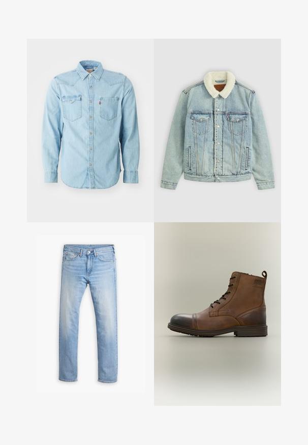 Veste en denim bleu clair avec un col pelucheux blanc. Comprend des poches poitrine, des boutons-pression et une coupe décontractée avec des détails de couture visibles.; Chemise en denim bleu clair à manches longues avec un col pointu, deux poches poitrine, des boutons-pression argentés et des coutures contrastées. Texture lisse.; Jean en denim bleu clair avec une coupe droite, cinq poches et un bouton de fermeture. Présente un léger délavage et des accents de couture orange.; Botte cheville en cuir marron à lacets avec bout noir, semelle ronde et détail de marque sur le côté sur fond uni.