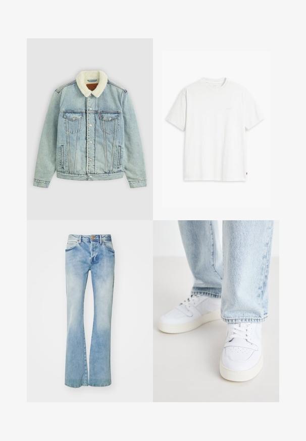 Veste en denim bleu clair avec un col pelucheux blanc. Comprend des poches poitrine, des boutons-pression et une coupe décontractée avec des détails de couture visibles.; T-shirt en coton blanc à manches courtes, col rond, avec un logo "Levi's" discret imprimé en couleur claire sur le devant.; Jean flare bleu clair en denim, présentant un délavage, des poches avant, des passants de ceinture et une fermeture à bouton en cuivre.; Baskets basses en cuir blanc avec un bout perforé, des lacets plats et un design minimaliste. Associées à un jean en denim bleu clair.