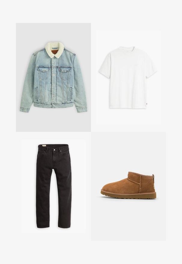 Lyseblå denimjakke med en fluffy, hvid krave. Har brystlommer, trykknapper og en afslappet pasform med synlige sydetaljer.; Hvid t-shirt i bomuld med korte ærmer, rund halsudskæring og en diskret "Levi's"-logo trykt i lyse farver på forsiden.; Sorte denim jeans med lige ben, der har et klassisk fem-lomme design, subtil syning og en metal knaplukning.; Sandal mellemhøje støvler i tan ruskind med en rund tå, subtile syninger og en tekstureret gummisål. Kort højde uden snørebånd.