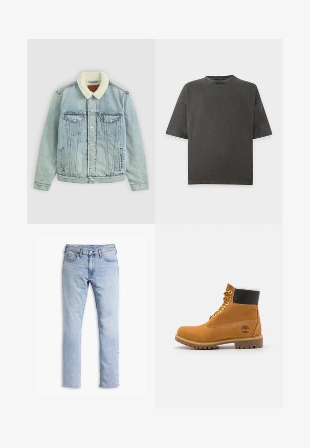 Hellblaues Denim-Jackett mit einem flauschigen, weißen Kragen. Verfügt über Brusttaschen, Druckknöpfe und einen relaxed Fit mit sichtbaren Nähdetails.; Dunkelgraues T-Shirt mit kurzen Ärmeln und Rundhalsausschnitt mit V-förmiger Naht unter dem Kragen, vor einfachem Hintergrund dargestellt.; Hellblaue Jeans aus Denim mit geradem Bein, fünf Taschen, braunen Nähten und einem Knopfverschluss vorne. Abgenutztes Erscheinungsbild und keine Verzierungen.; Braune Leder-Ankle-Boots mit Metallösen, weißem Kunstfellfutter, schwarzem gepolstertem Kragen, robustem Sohlenprofil und geprägtem Logo an der Seite.