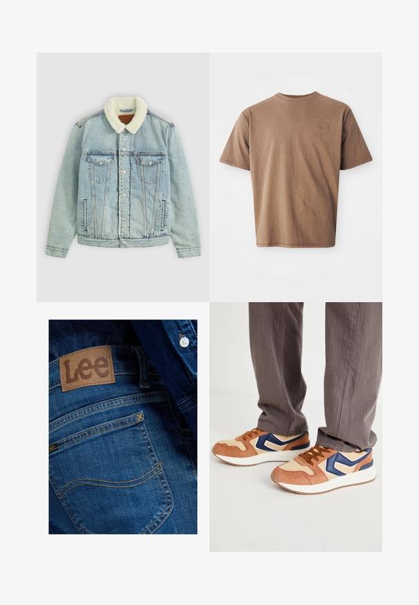 Lyseblå denimjakke med en fluffy, hvid krave. Har brystlommer, trykknapper og en afslappet pasform med synlige sydetaljer.; Brun bomulds t-shirt med rund hals, korte ærmer og et diskret broderet logo på venstre brystområde. Glat tekstur, afslappet pasform.; Nærbillede af baglomme på blå denimjeans med brunt lædermærke fra Lee og synlige syningsdetaljer.; Sko med en blanding af tan ruskind og cremefarvet syntetisk materiale, med en blå accent og en struktureret sål; brune snørebånd; båret med grå stribede bukser.