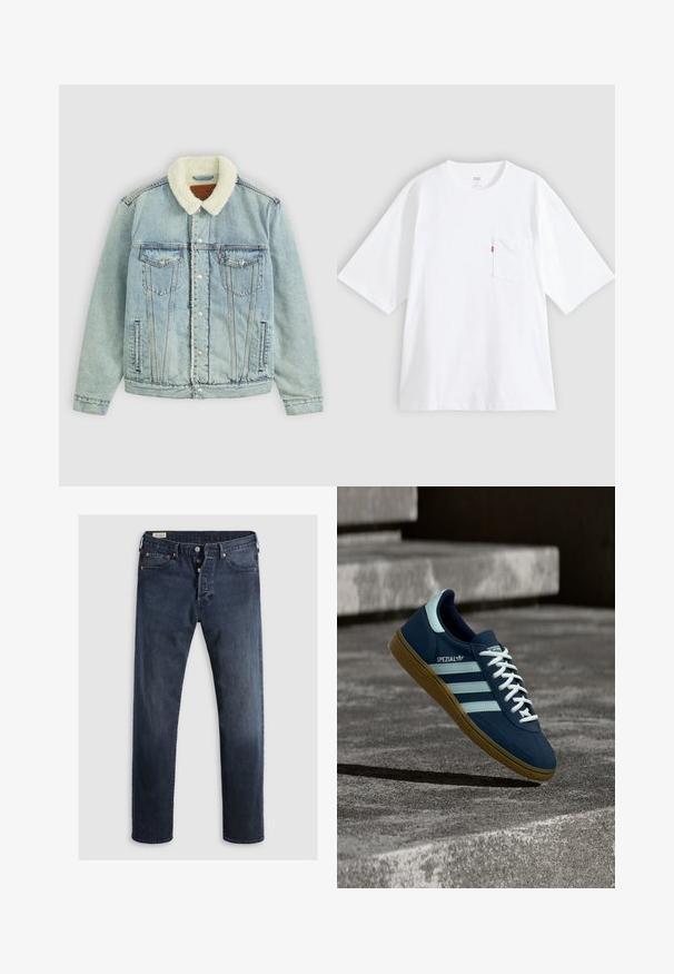 Veste en denim bleu clair avec un col pelucheux blanc. Comprend des poches poitrine, des boutons-pression et une coupe décontractée avec des détails de couture visibles.; T-shirt en coton blanc à manches courtes, col rond et poche poitrine gauche. Comprend une petite étiquette logo rouge sur la poche.; Jeans en denim bleu foncé avec une coupe droite, dotés d'un zip et de boutons en métal, ainsi que d'accents de rivets en cuivre. Texture lisse, sans motifs visibles.; Baskets Adidas Spezial bleues avec des rayures et des lacets blancs, semelle en gomme, flottant au-dessus d'une surface en béton rugueuse et des marches en arrière-plan.
