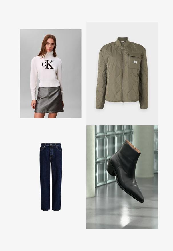 Veste matelassée vert olive avec fermeture éclair à l'avant, col côtelé et poche poitrine avec rabat et étiquette de marque.; Jeune femme portant un pull à col roulé blanc avec le logo noir "CK" et une jupe en cuir gris foncé métallisée, debout devant un fond uni.; Jeans en denim bleu foncé avec une coupe droite, dotés d'une taille haute, d'un style à cinq poches et de coutures contrastantes. Sans embellissements.; Bottine en cuir noir avec un bout pointu et un talon carré lévitant au-dessus d'un sol gris réfléchissant près d'un mur en blocs de verre.