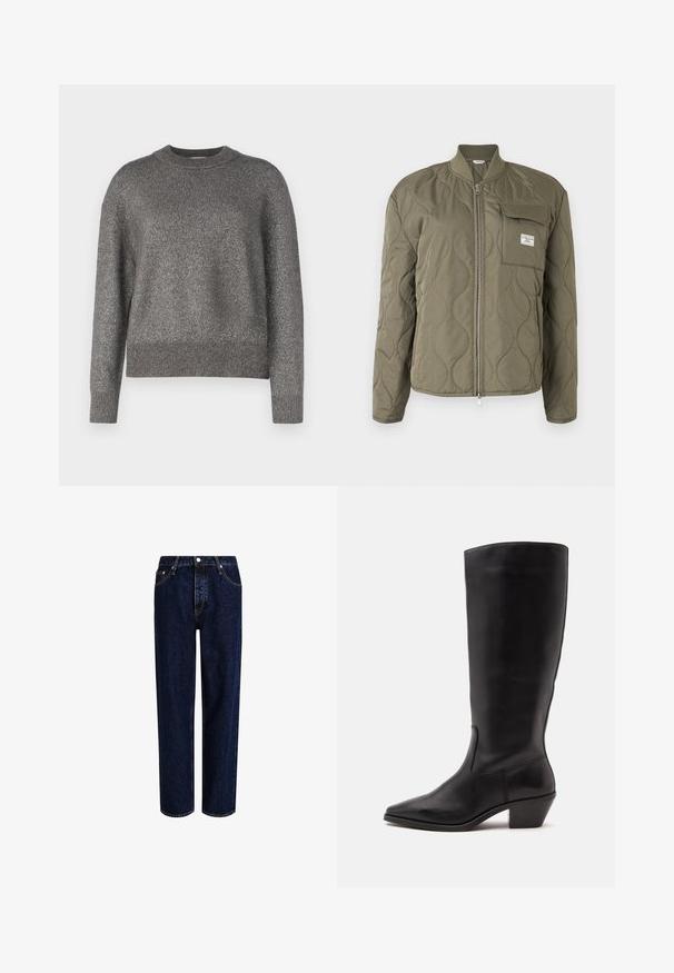 Olivengrøn quiltet jakke med frontlynlås, ribbet krave og brystlomme med klap og mærkeetiket.; Grå sweater med en refleksiv strikket tekstur, rund halsudskæring, og ribbede manchetter og kant; let løs pasform og lange ærmer.; Mørkeblå denim jeans med lige ben-design, der har høj talje, fem-lomme-stil og kontrastsyninger. Ingen dekorationer.; Sort læderstøvle til midtkalv med spids tå og lavt skråt hæl på en enkel lys baggrund.