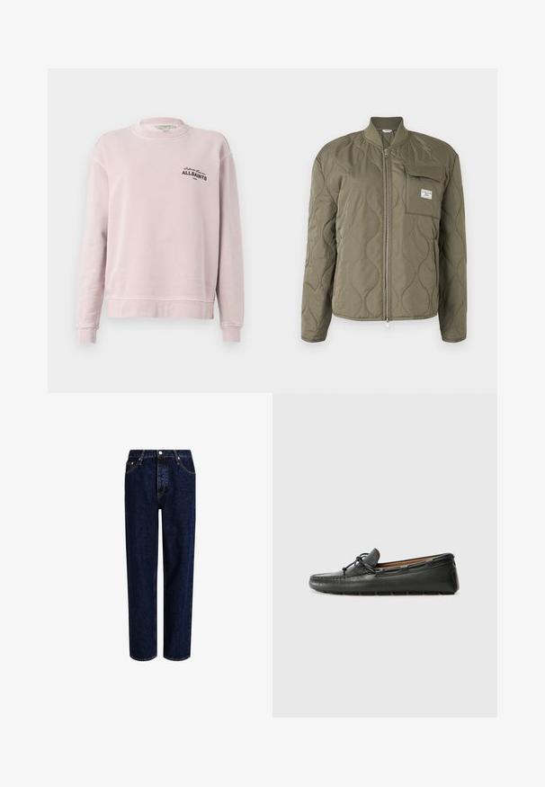 Olivengrøn quiltet jakke med frontlynlås, ribbet krave og brystlomme med klap og mærkeetiket.; Lyserød langærmet sweatshirt med rund hals, ribkantede ærmegab og sort tekst "Infinite Summer ALLSAINTS London" på venstre bryst.; Mørkeblå denim jeans med lige ben-design, der har høj talje, fem-lomme-stil og kontrastsyninger. Ingen dekorationer.; Sorte læder bådsko med afrundet tå, stikninger, lille sløjfedetalje og gummisål. Glat tekstur og strømlinet design.